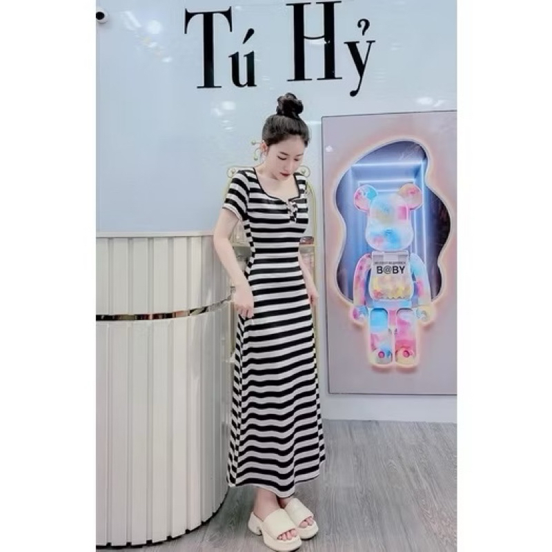 L812- Set đầm váy suông dáng dài  tay ngắn phối nút gài chất thun gân dáng xoè