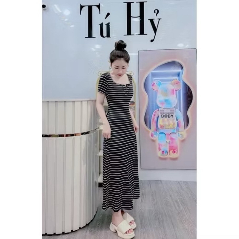 L812- Set đầm váy suông dáng dài  tay ngắn phối nút gài chất thun gân dáng xoè