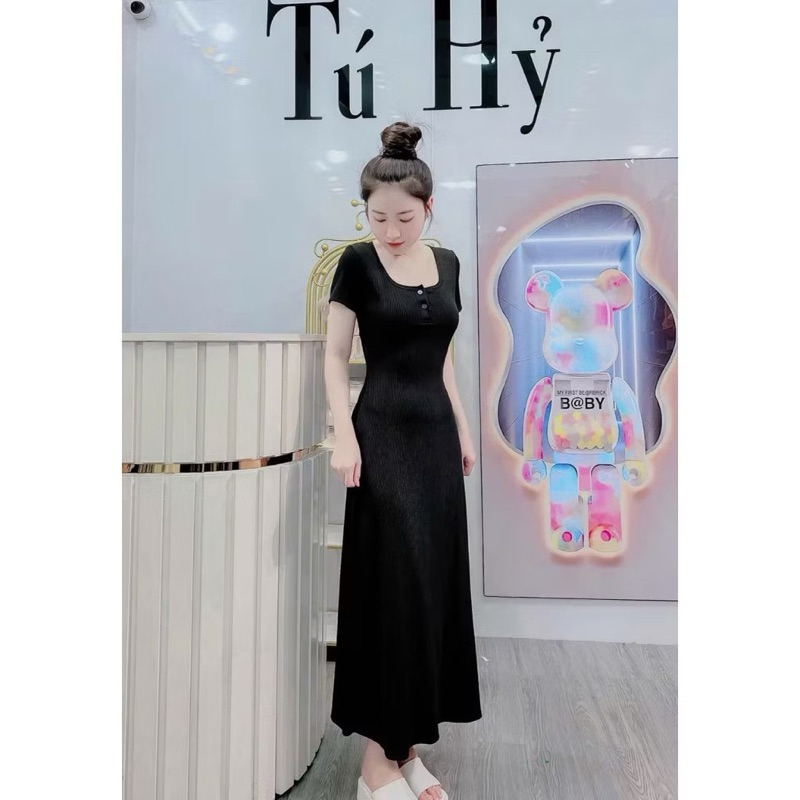 L812- Set đầm váy suông dáng dài  tay ngắn phối nút gài chất thun gân dáng xoè