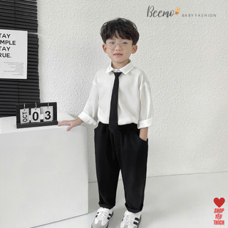 Áo+Quần+CàVạt_Set sơ mi trắng dài tay vải trượt Hàn phối quần baggy lưng thun (Shop yêu thích)