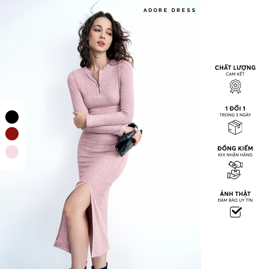 413SK2057 - Chân váy midi xẻ trước thun tăm đen/đỏ đô /tím pastel ADORE DRESS