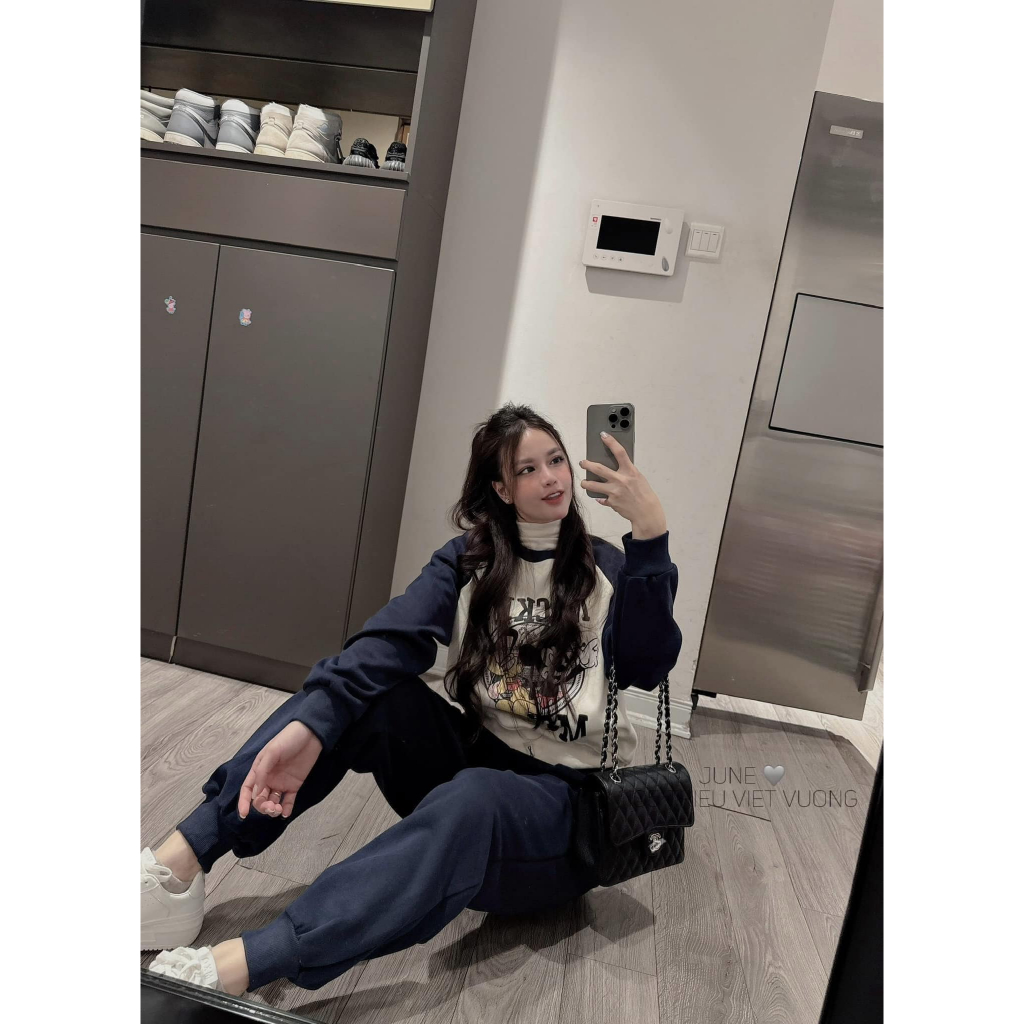set đồ nữ mùa đông , đồ bộ nữ in hình mikey màu xanh than , đen dài tay cổ tròn chất nỉ cao cấp Donna hcom3709