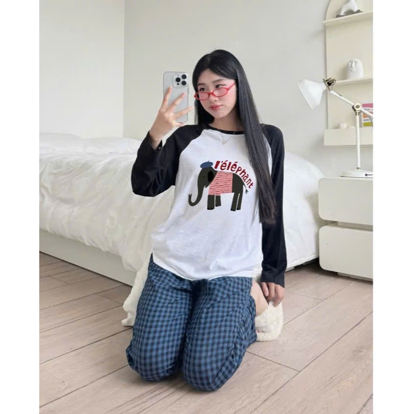 Sét bộ dài mặc đông, Sét bộ nữ Áo dài tay phối màu, Quần dài caro Baggy JULY FASHION, Đồ bộ nữ mặc nhà chất xượt, đũi