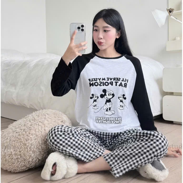 Sét bộ dài mặc đông, Sét bộ nữ Áo dài tay phối màu, Quần dài caro Baggy JULY FASHION, Đồ bộ nữ mặc nhà chất xượt, đũi