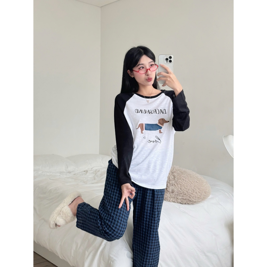 Sét bộ dài mặc đông, Sét bộ nữ Áo dài tay phối màu, Quần dài caro Baggy JULY FASHION, Đồ bộ nữ mặc nhà chất xượt, đũi