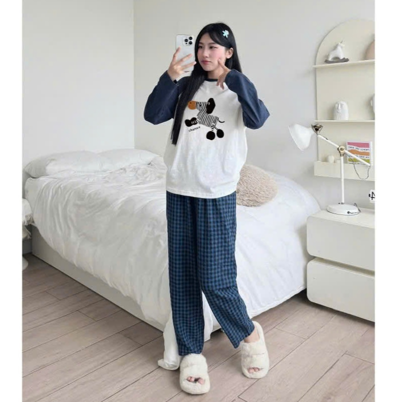 Sét bộ dài mặc đông, Sét bộ nữ Áo dài tay phối màu, Quần dài caro Baggy JULY FASHION, Đồ bộ nữ mặc nhà chất xượt, đũi