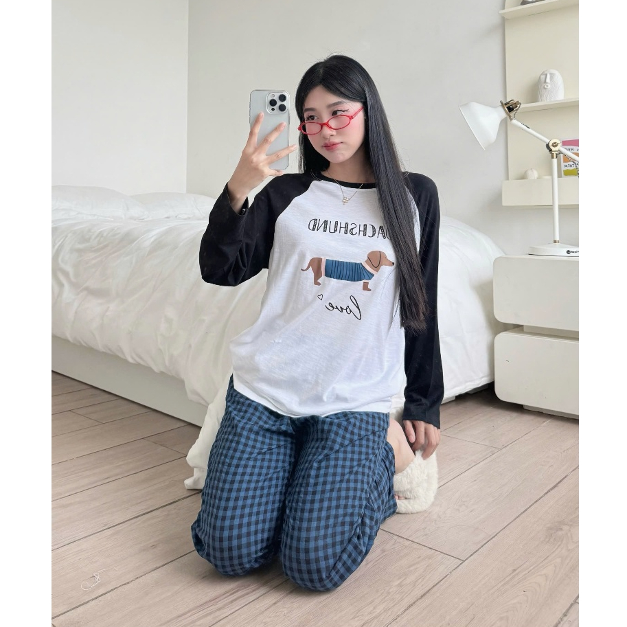 Sét bộ dài mặc đông, Sét bộ nữ Áo dài tay phối màu, Quần dài caro Baggy JULY FASHION, Đồ bộ nữ mặc nhà chất xượt, đũi