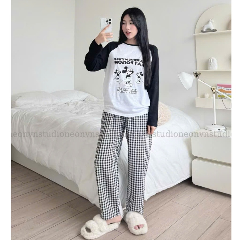 Sét bộ dài mặc đông, Sét bộ nữ Áo dài tay phối màu, Quần dài caro Baggy JULY FASHION, Đồ bộ nữ mặc nhà chất xượt, đũi