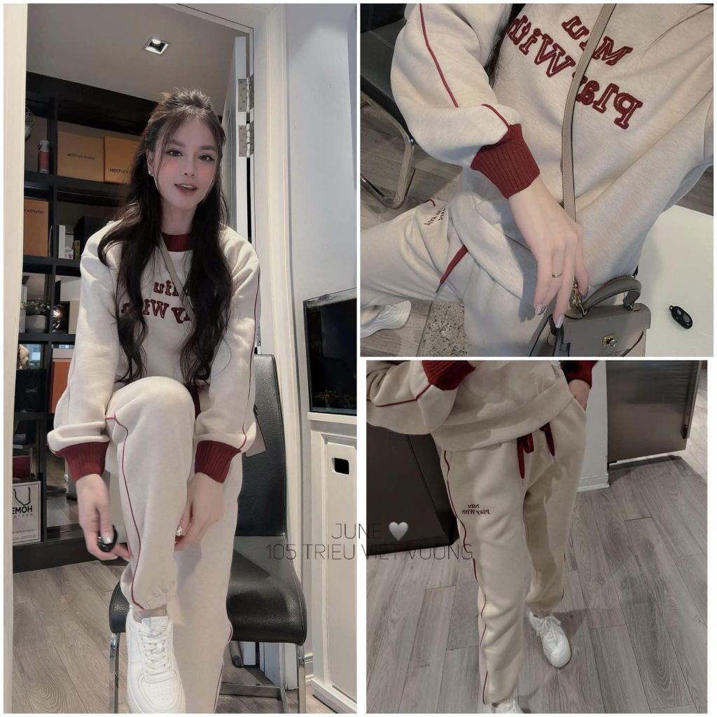 đồ bộ nữ , set đồ nữ mùa đông chất nỉ mền mại phối quần suông cạp chun áo in chữ cổ viền xinh xắn Donna hcom3711