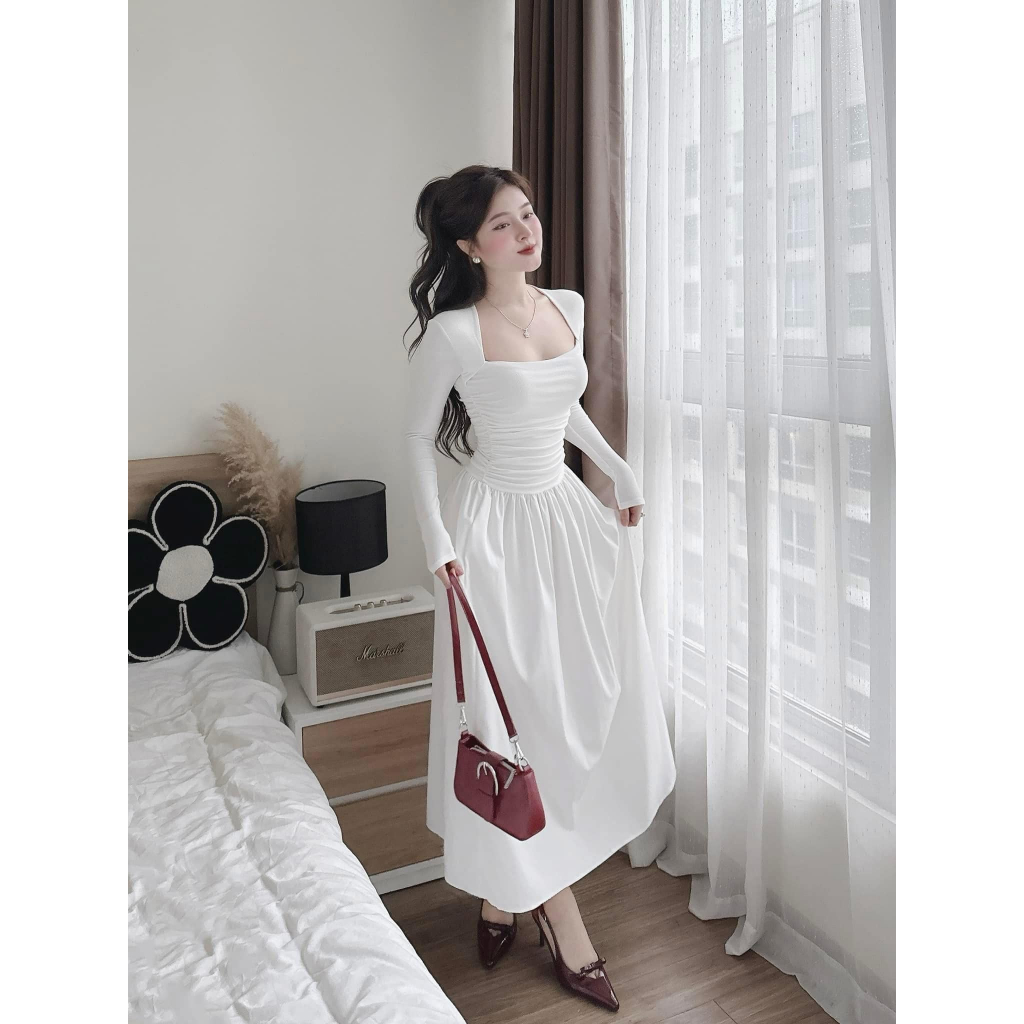 váy nữ , đầm nữ thu đông dài tay dáng xòe đuôi cá cổ vuông siêu sang đi chơi dự tiệc Donna Hcom3712