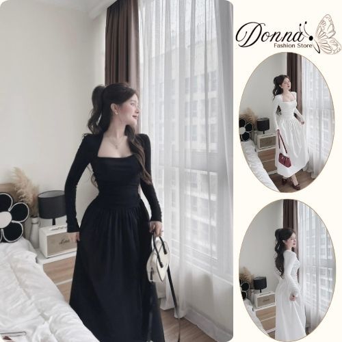 váy nữ , đầm nữ thu đông dài tay dáng xòe đuôi cá cổ vuông siêu sang đi chơi dự tiệc Donna Hcom3712