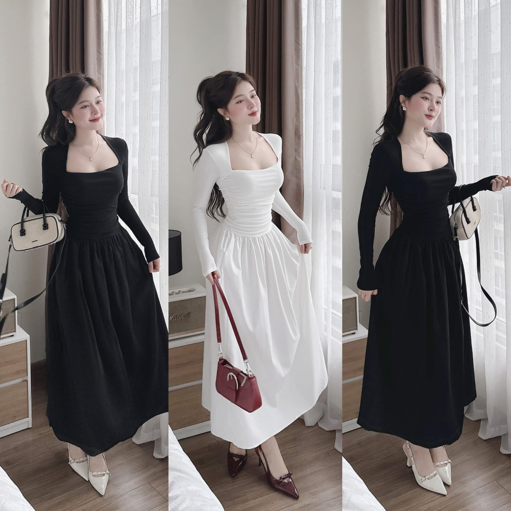 váy nữ , đầm nữ thu đông dài tay dáng xòe đuôi cá cổ vuông siêu sang đi chơi dự tiệc Donna Hcom3712