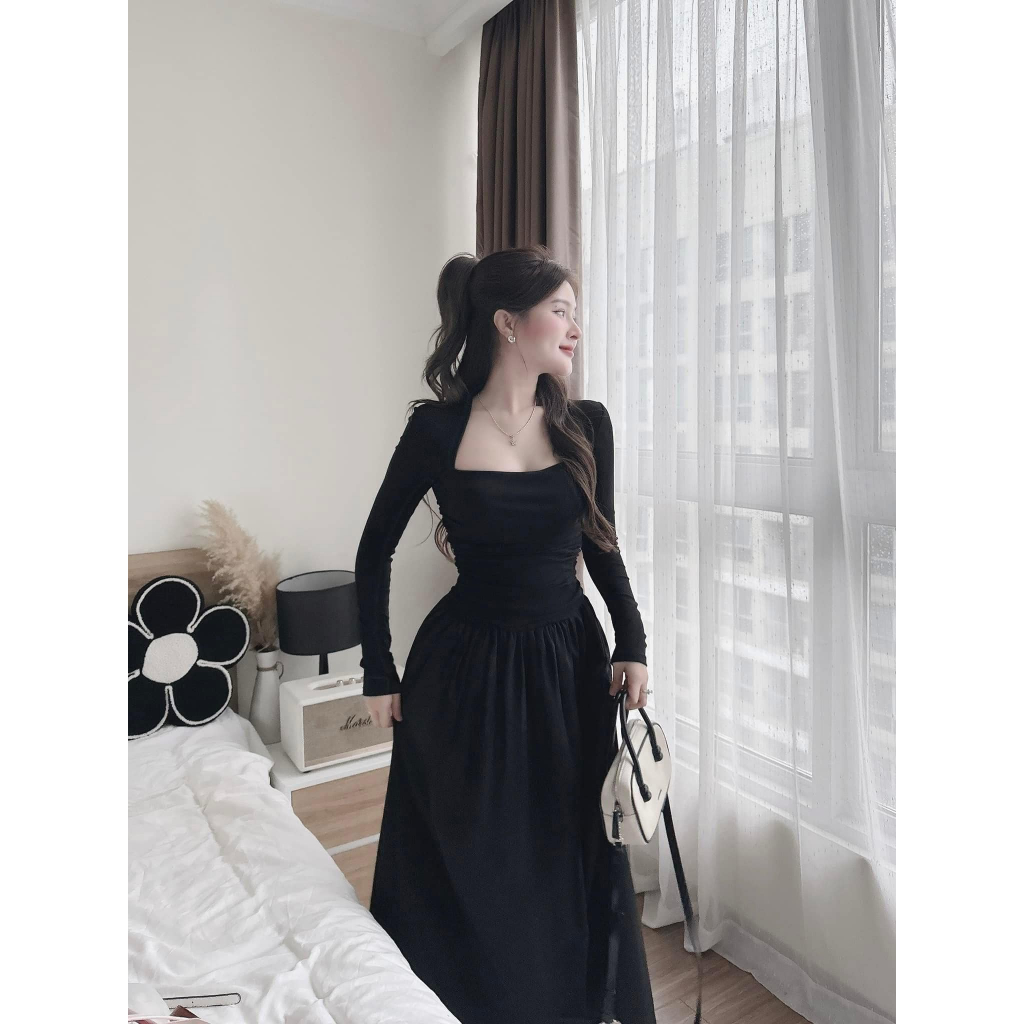 váy nữ , đầm nữ thu đông dài tay dáng xòe đuôi cá cổ vuông siêu sang đi chơi dự tiệc Donna Hcom3712