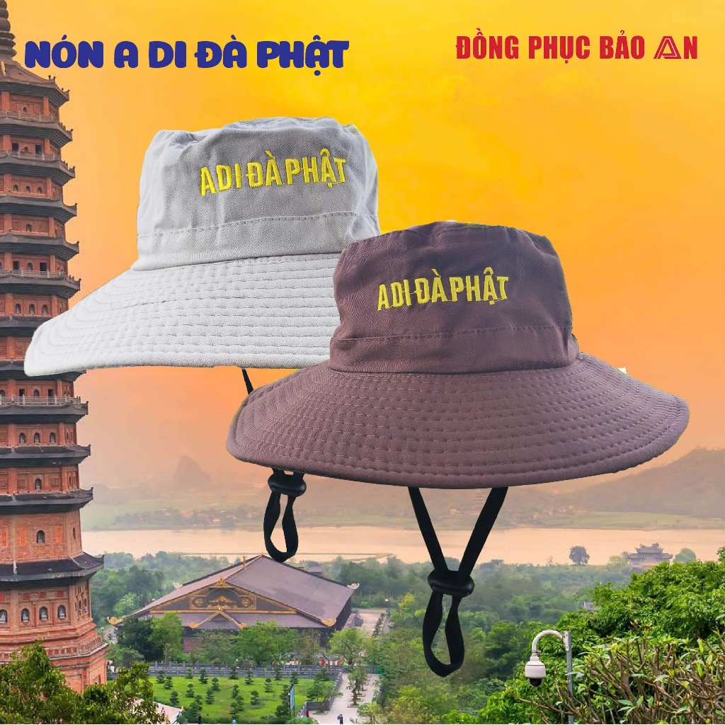Nón Phật Tử Thêu Chữ A Di Da Phật, Mũ Đi Chùa Vành Rộng Cho Nam Nữ Vải Kaki Dày Dặn