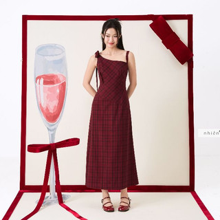 𝐑𝐢𝐛𝐫𝐞𝐝 𝐃𝐫𝐞𝐬𝐬 - Đầm caro nữ màu đỏ nơ vai phải dáng dài nhiennhienvintage NDL00006