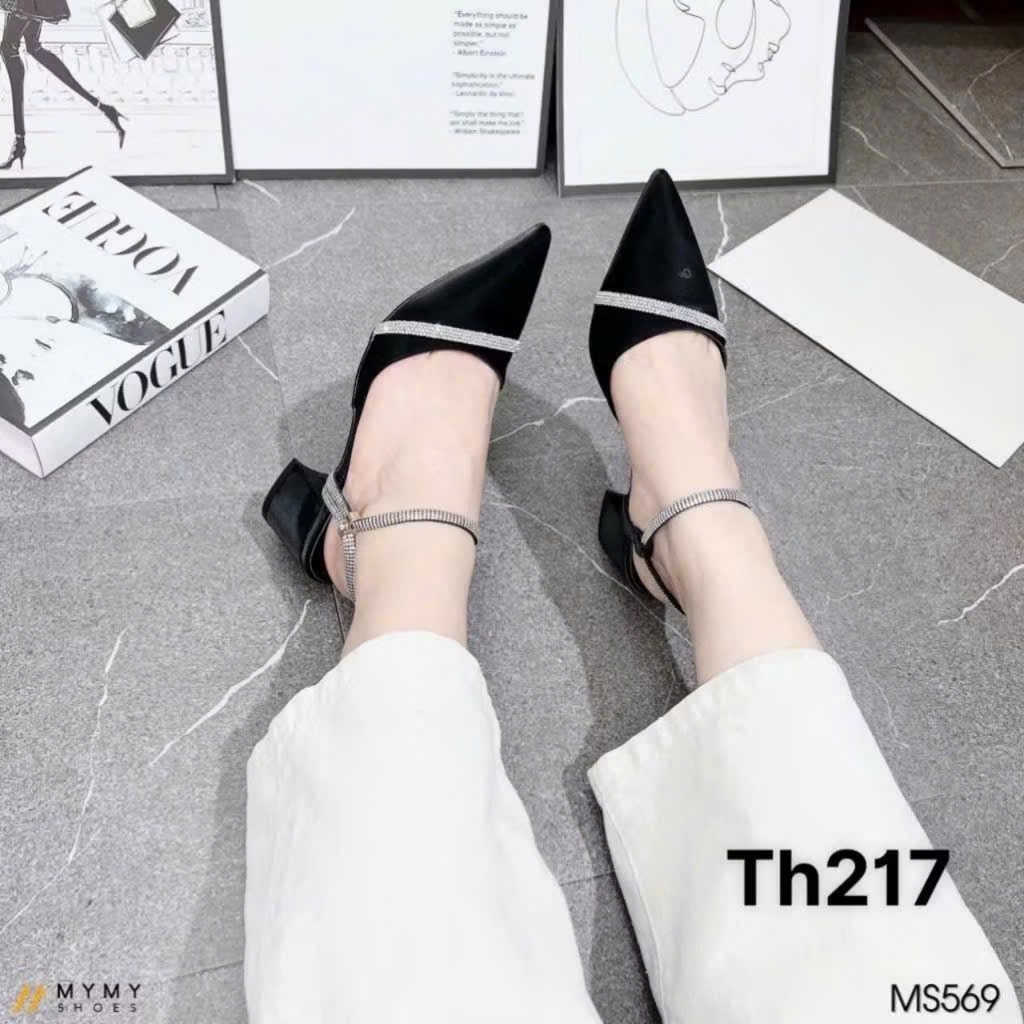 Giầy bít mũi mix quai đá sang chảnh, cao gót mũi nhọn gót 5p vuông dễ đi