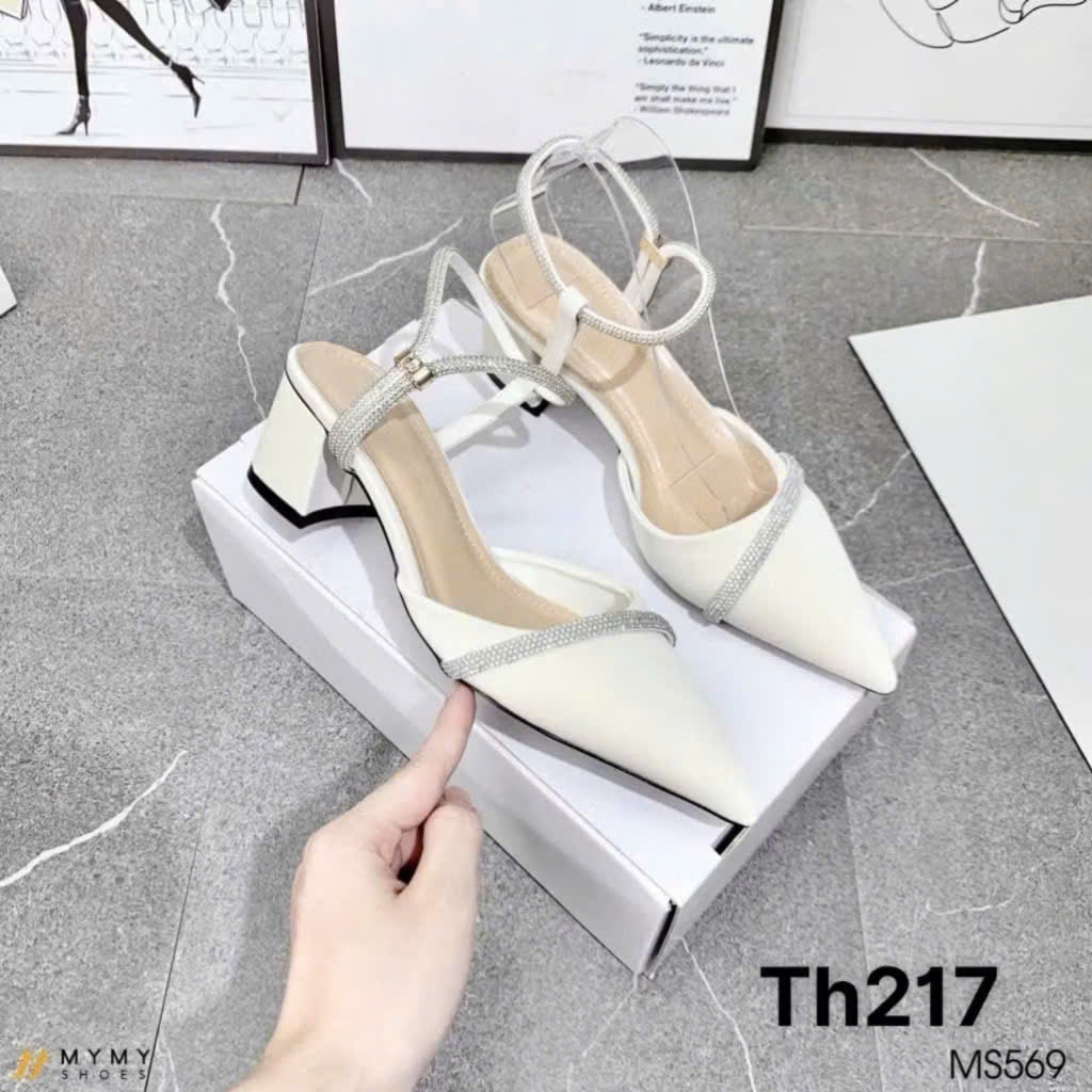 Giầy bít mũi mix quai đá sang chảnh, cao gót mũi nhọn gót 5p vuông dễ đi