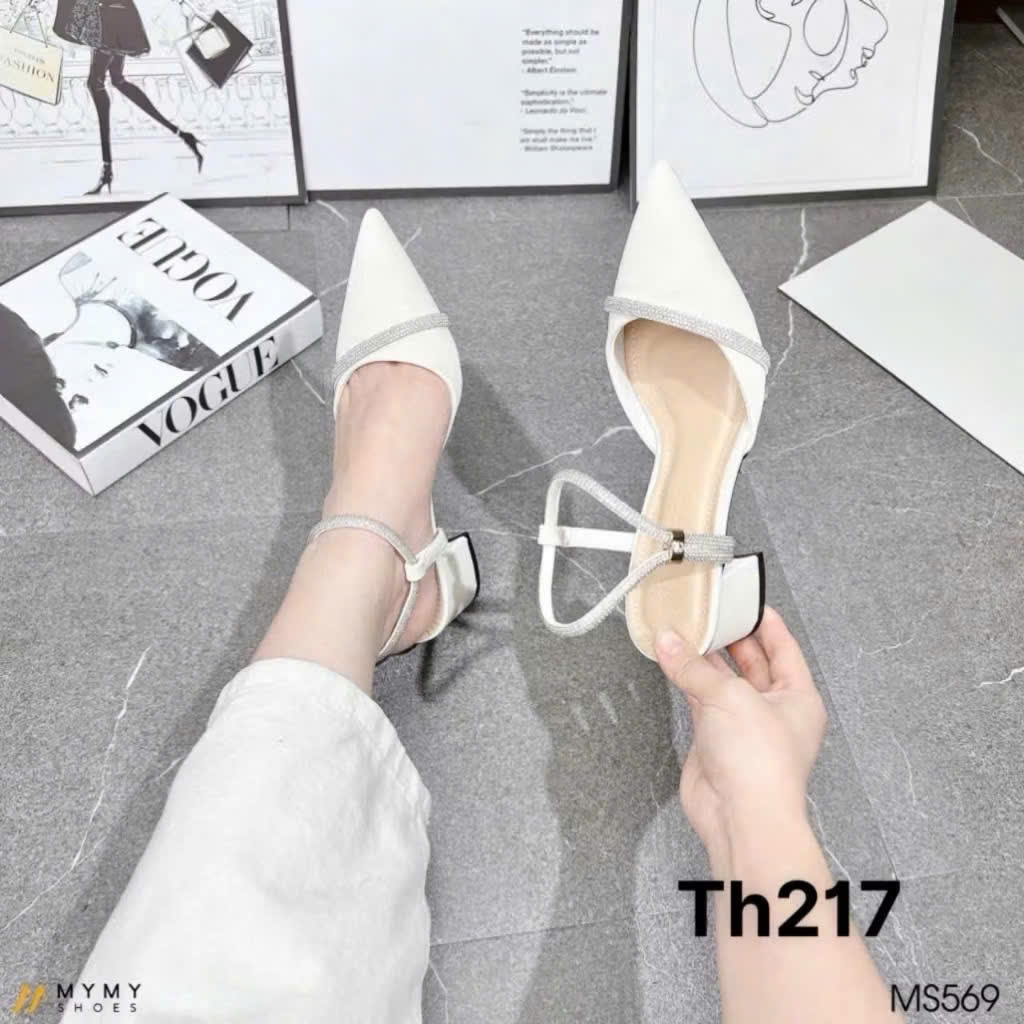 Giầy bít mũi mix quai đá sang chảnh, cao gót mũi nhọn gót 5p vuông dễ đi