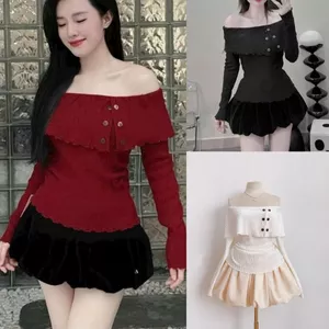 Set Áo + Váy Trễ Vai Bigsize Nữ Tay Dài Vải Thun Xốp Kềm Chân Váy Xòe Lên Phom Dễ Quyến Rũ SET956