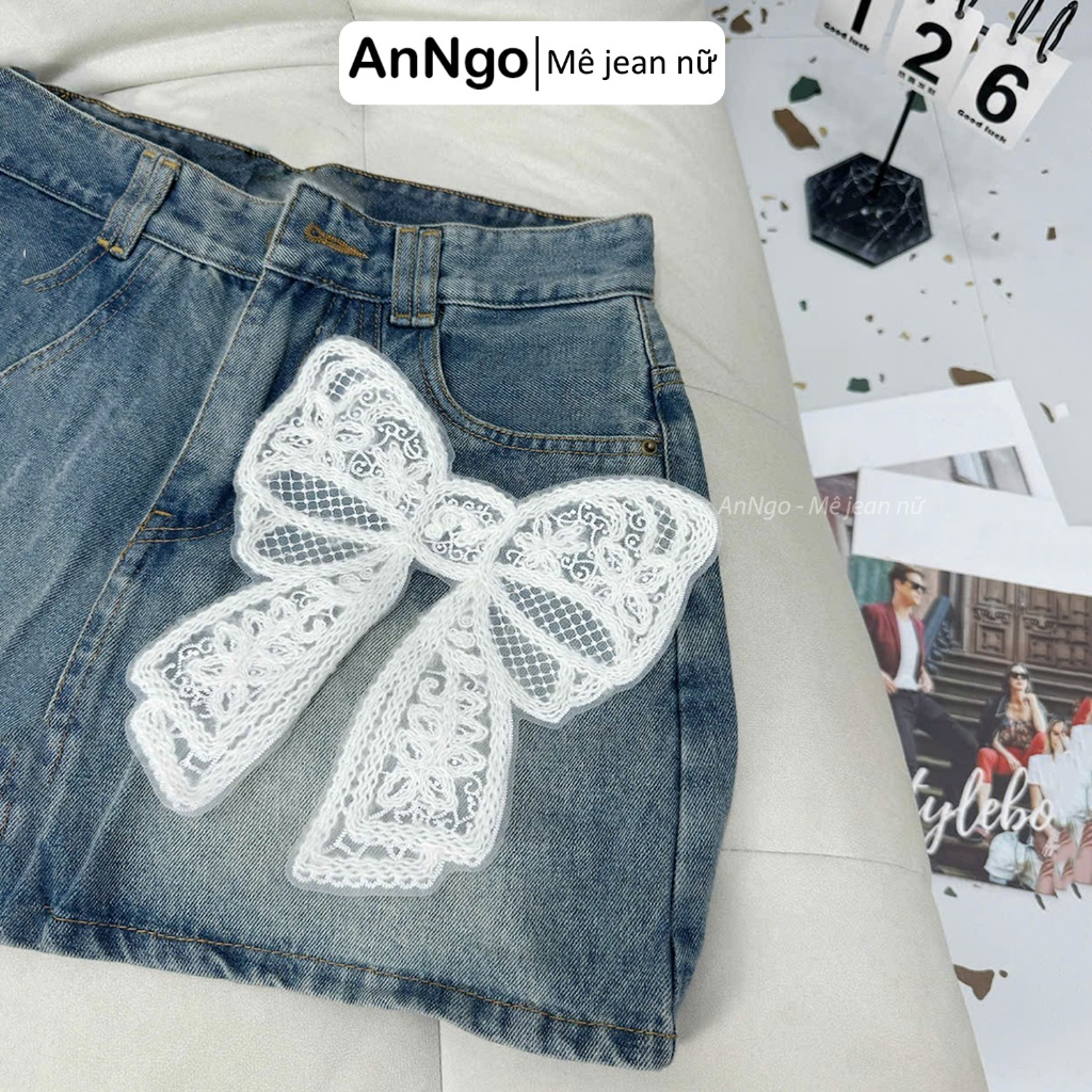 Quần váy nữ jean xanh denim không giãn, đính nơ xinh xắn có lót trong Anngo - AT522
