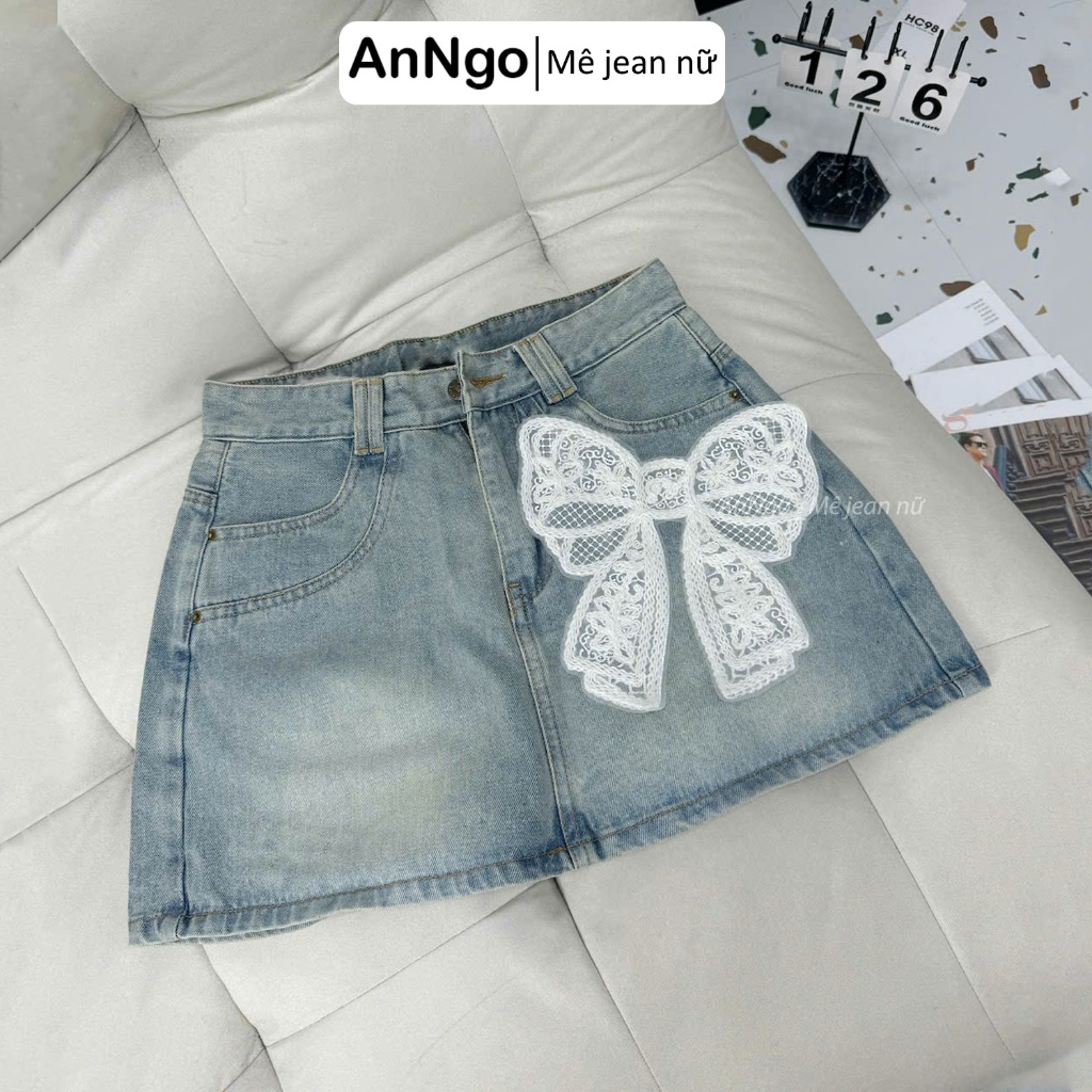 Quần váy nữ jean xanh denim không giãn, đính nơ xinh xắn có lót trong Anngo - AT522