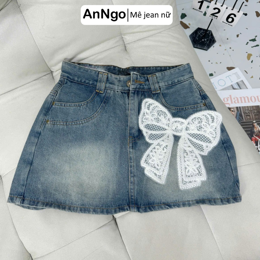 Quần váy nữ jean xanh denim không giãn, đính nơ xinh xắn có lót trong Anngo - AT522