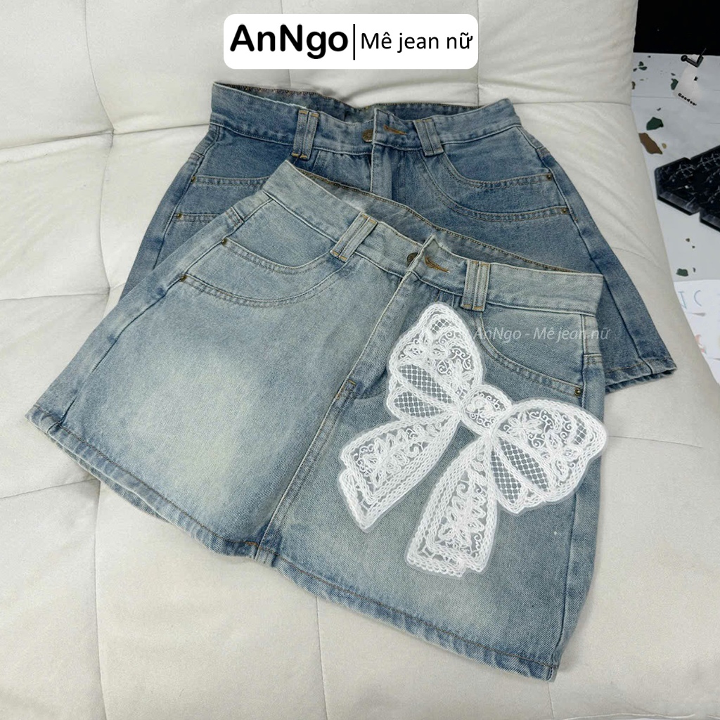 Quần váy nữ jean xanh denim không giãn, đính nơ xinh xắn có lót trong Anngo - AT522