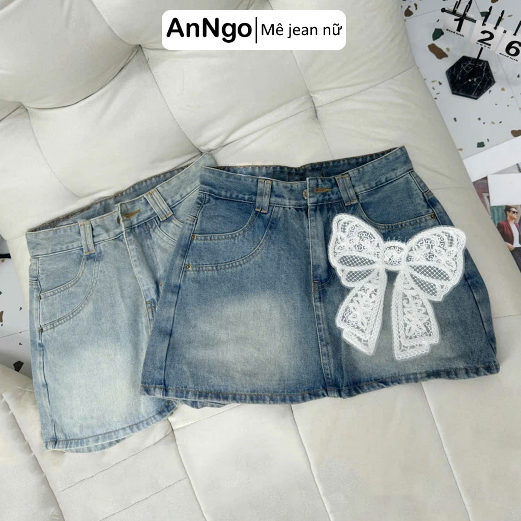 Quần váy nữ jean xanh denim không giãn, đính nơ xinh xắn có lót trong Anngo - AT522