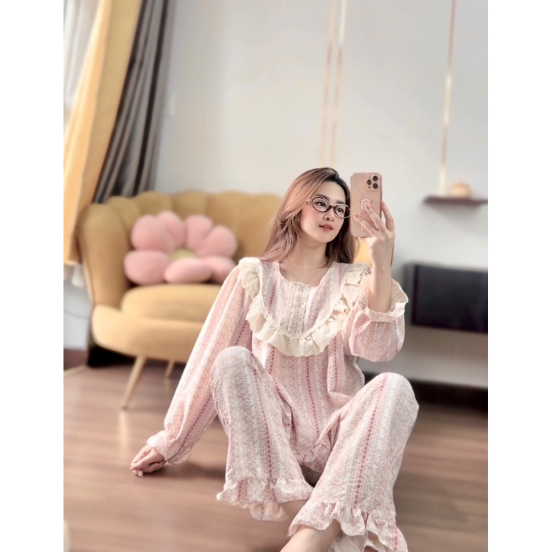 Bộ ngủ đũi hoa mặc nhà cho nữ mềm êm tay dài