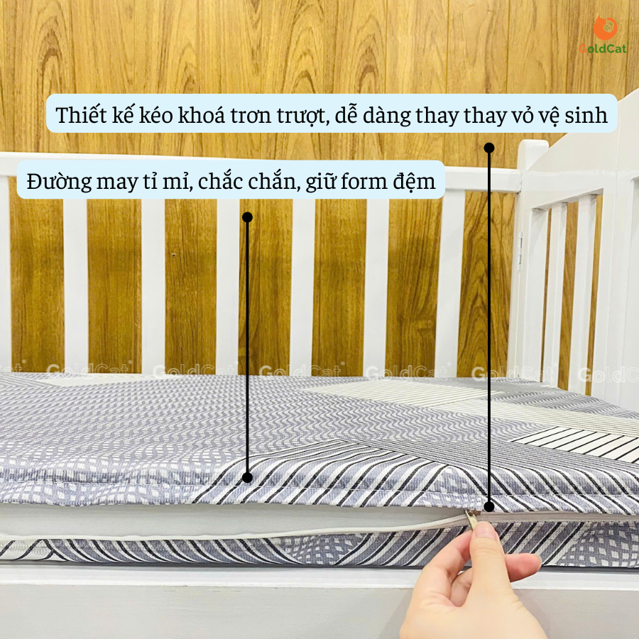 Ảnh Đệm Bông Ép GOLDCAT Kèm Áo Ghi Thiết Kế Kéo Khoá, Đệm Dày Tiêu Chuẩn 5CM, Đa Dạng Kích Thước Cho Cũi 4