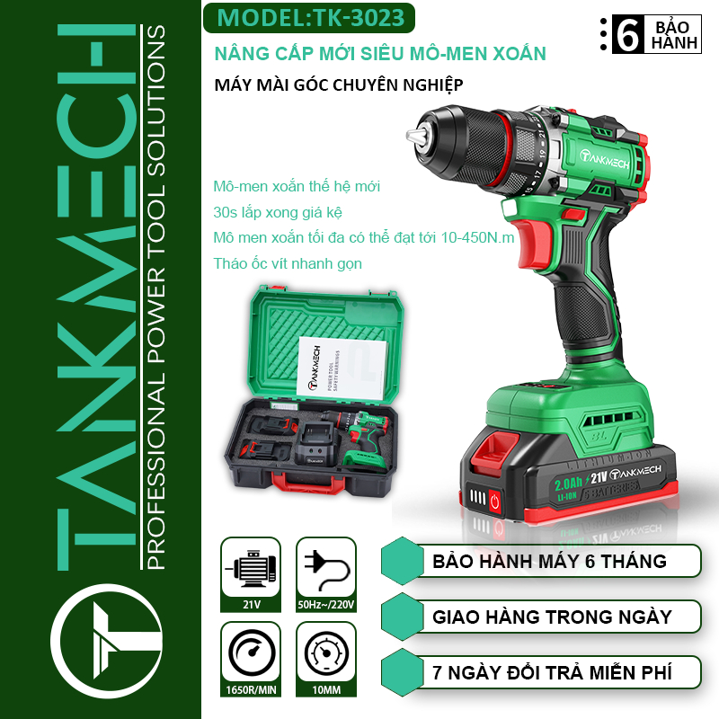 Máy khoan pin cầm tay 21v TANKMECH TK-3023 khoan pin 3 chức năng khoan tường, bắt vít, khoan sắt