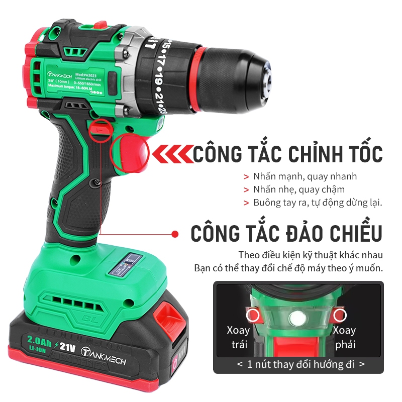 Máy khoan pin cầm tay 21v TANKMECH TK-3023 khoan pin 3 chức năng khoan tường, bắt vít, khoan sắt