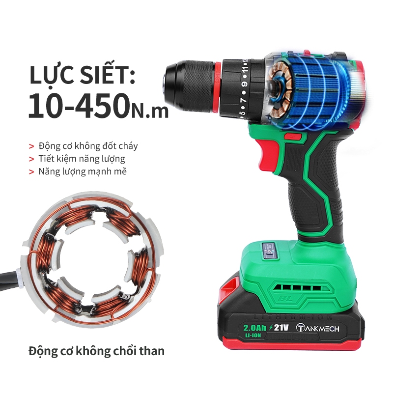 Máy khoan pin cầm tay 21v TANKMECH TK-3023 khoan pin 3 chức năng khoan tường, bắt vít, khoan sắt