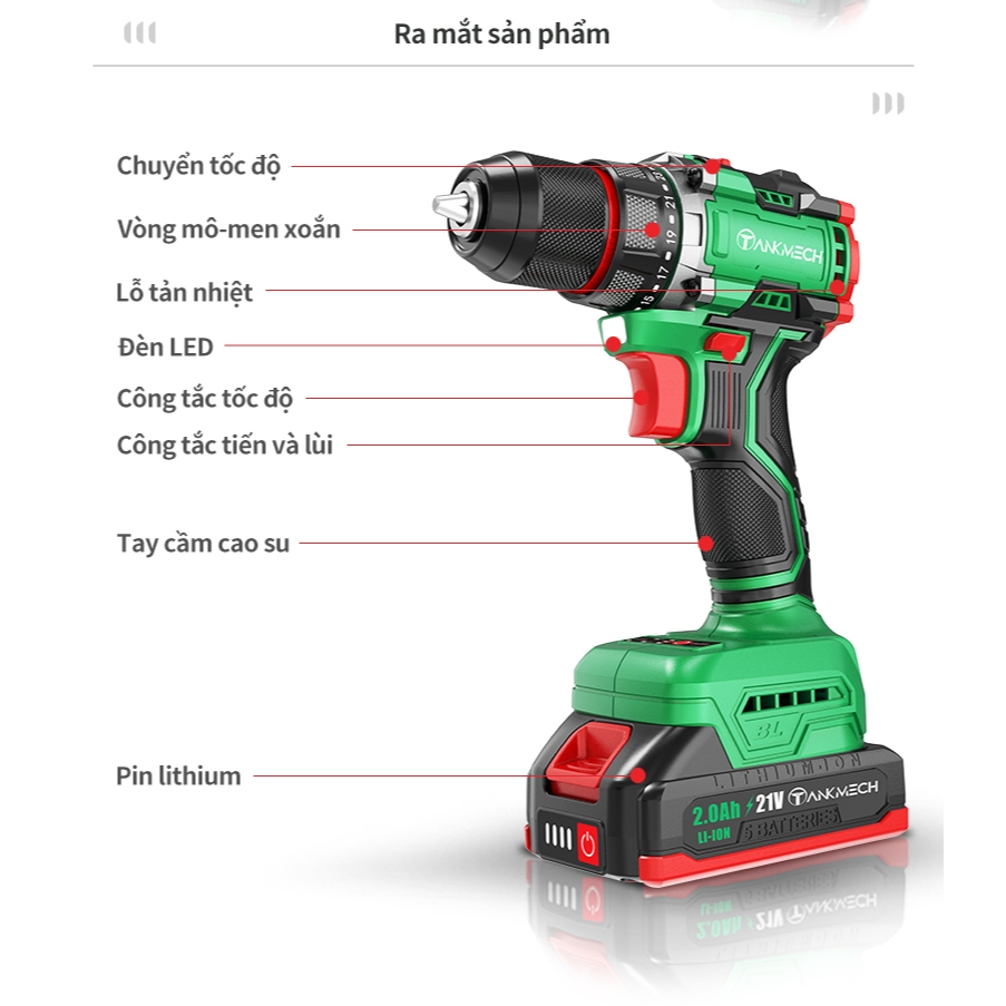 Máy khoan pin cầm tay 21v TANKMECH TK-3023 khoan pin 3 chức năng khoan tường, bắt vít, khoan sắt
