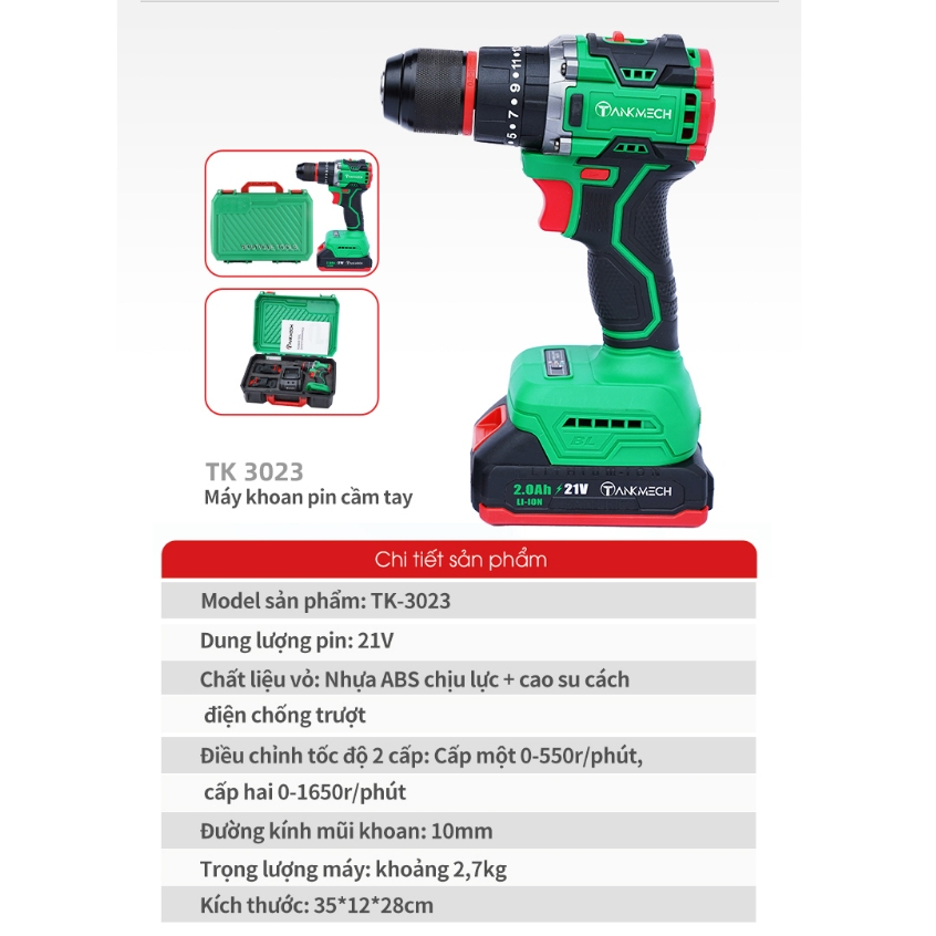 Máy khoan pin cầm tay 21v TANKMECH TK-3023 khoan pin 3 chức năng khoan tường, bắt vít, khoan sắt