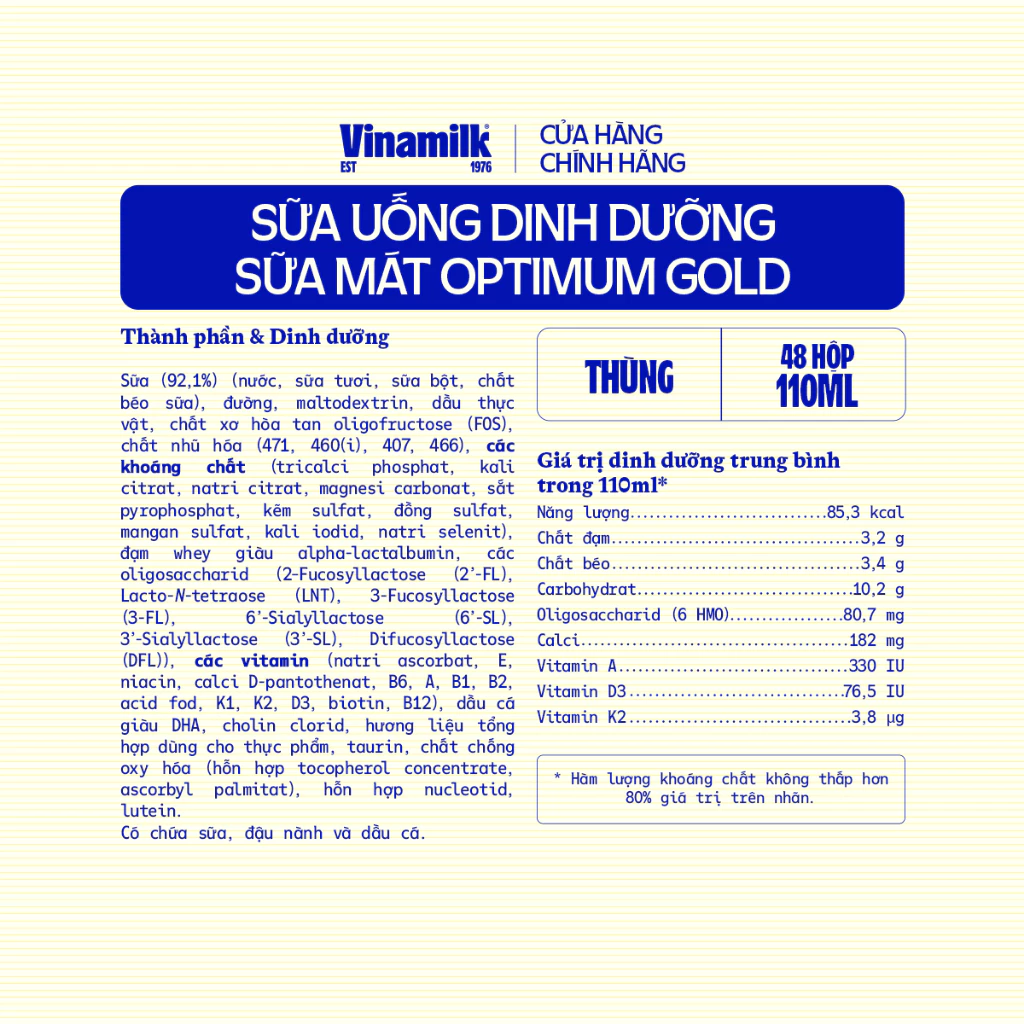 Thùng 48 hộp Sữa pha sẵn Vinamilk Optimum Gold 110ml