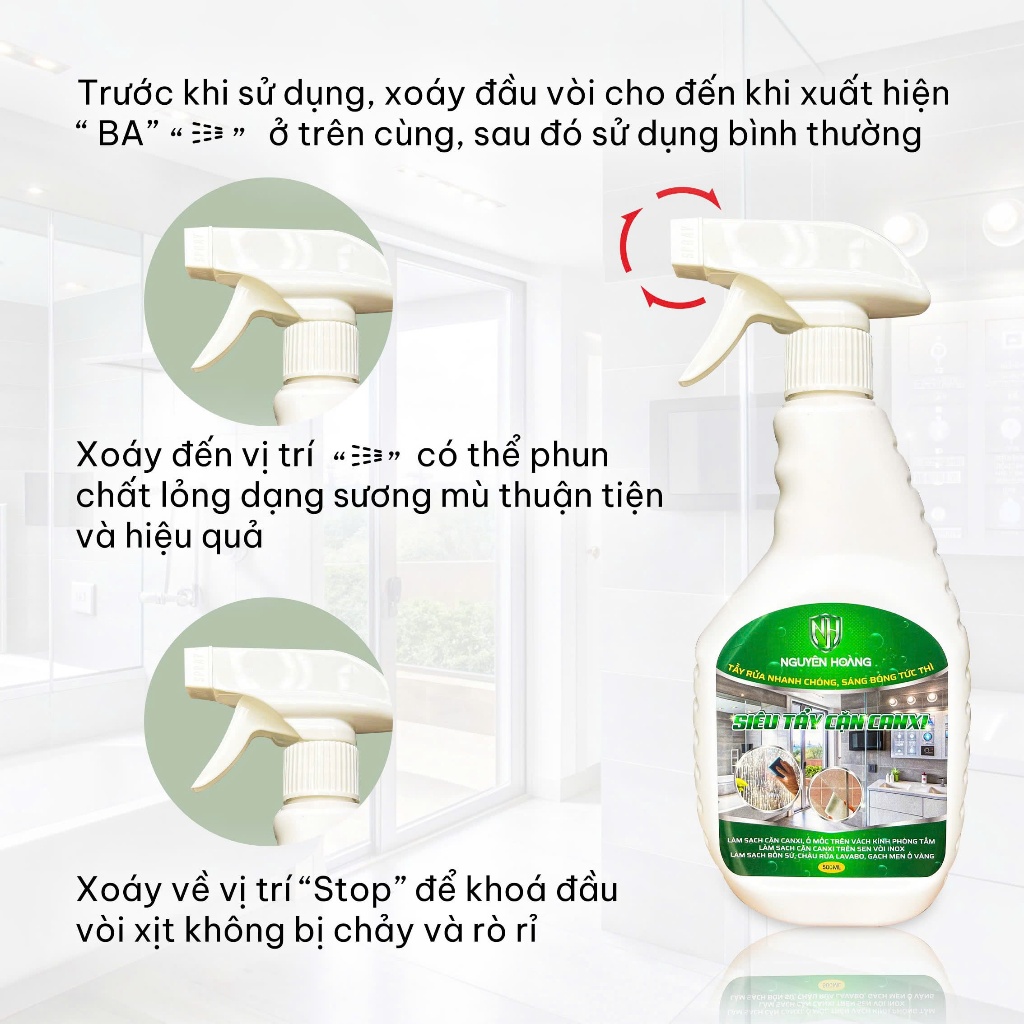 Tẩy cặn canxi vách kính, phòng tắm, cửa kính...chai 500ml