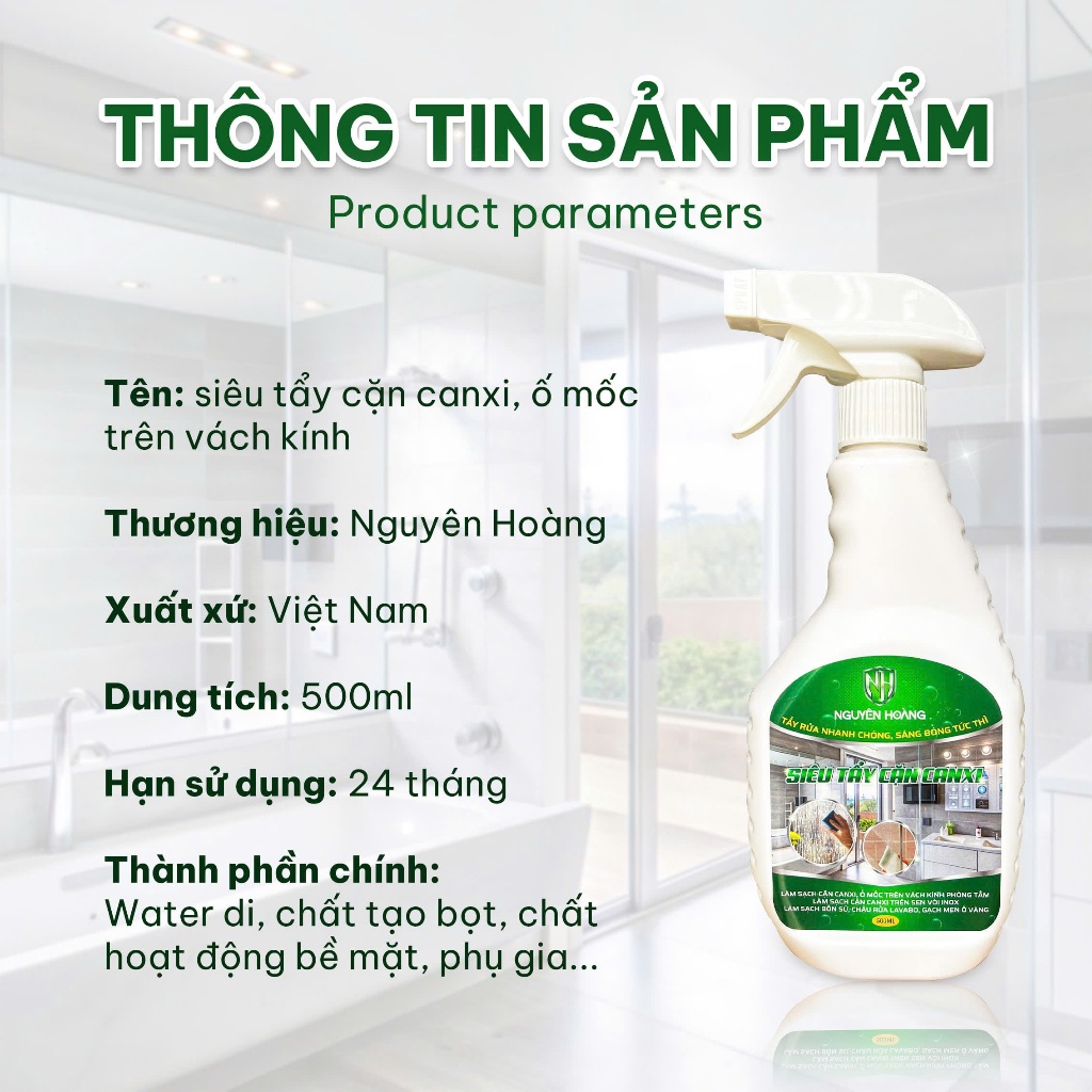 Tẩy cặn canxi vách kính, phòng tắm, cửa kính...chai 500ml