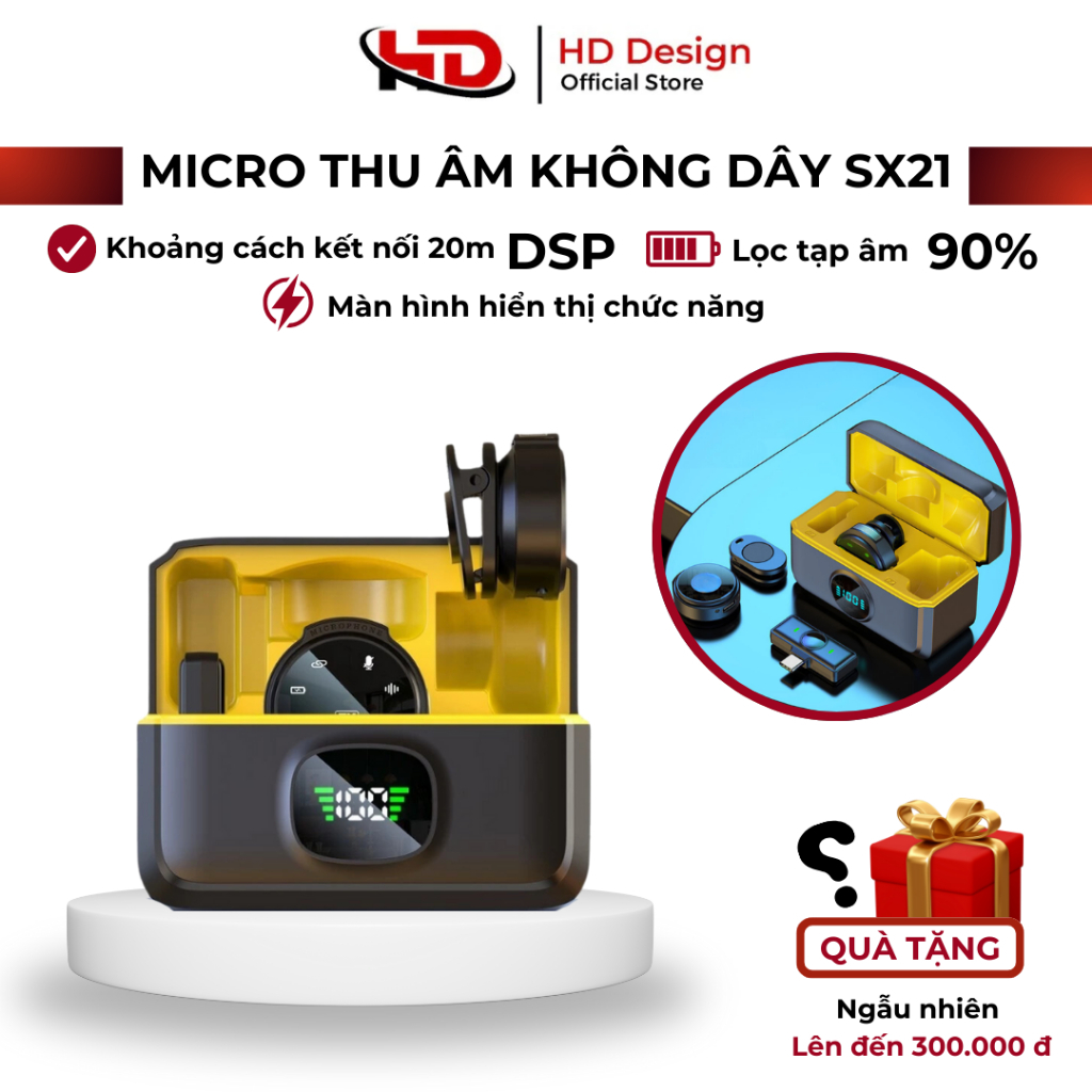 Micro Thu Âm Không Dây Cài Áo SX21 Quay Video Livestream - Tích Hợp Bộ Sạc Tiện Lợi - Dễ Sử Dụng - Chính Hãng HD Design