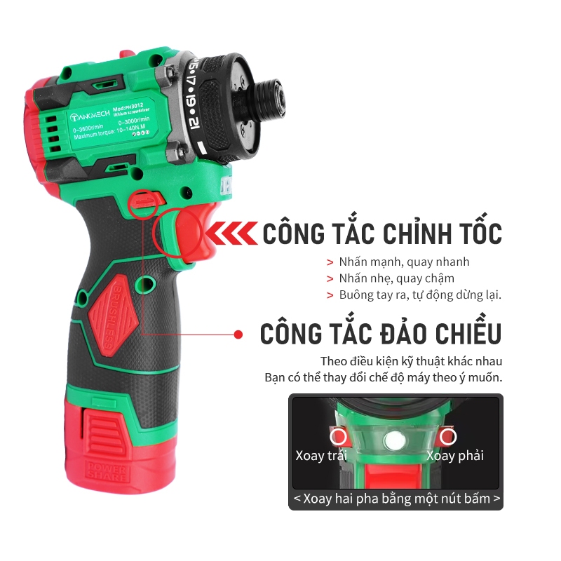 Máy bắn vít TANKMECH TK-3012 không chổi than - Máy chuyên vít  2 pin- máy vít cao cấp