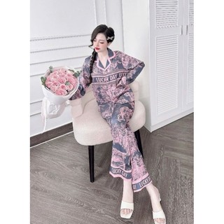 Đồ Bộ pyjama Có Size từ ( 40-60&60-72kg) Vải Lụa Latin Tơ Tằm , in Lucky, Cảnh Rừng Mẫu Hồng Ghi, Đơn Giản  Mà Sang Xịin