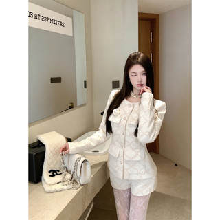 Set áo khoác dạ tweet eo thon cổ tròn cúc ngọc 4 túi kèm quần short cạp cao