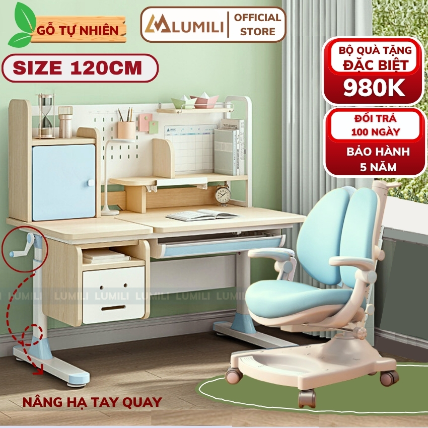 Bàn học chống gù thông minh trẻ em Lumili 310 gỗ tự nhiên cao cấp, bàn ngồi học cho bé 120cm