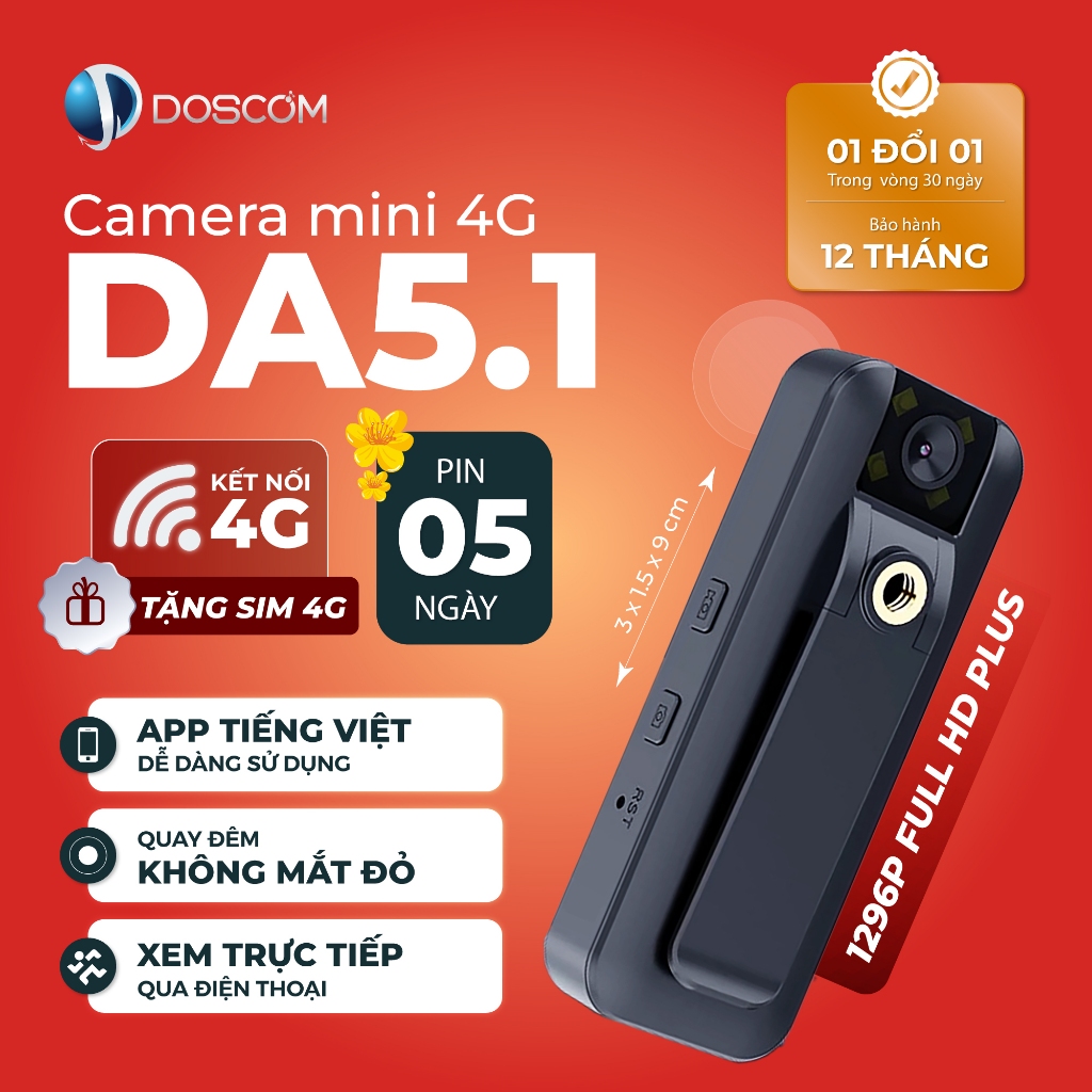 Camera 4G Mini Doscom DA5.1 Full HD 1296P Góc Siêu Rộng, Hỗ Trợ Tầm ...