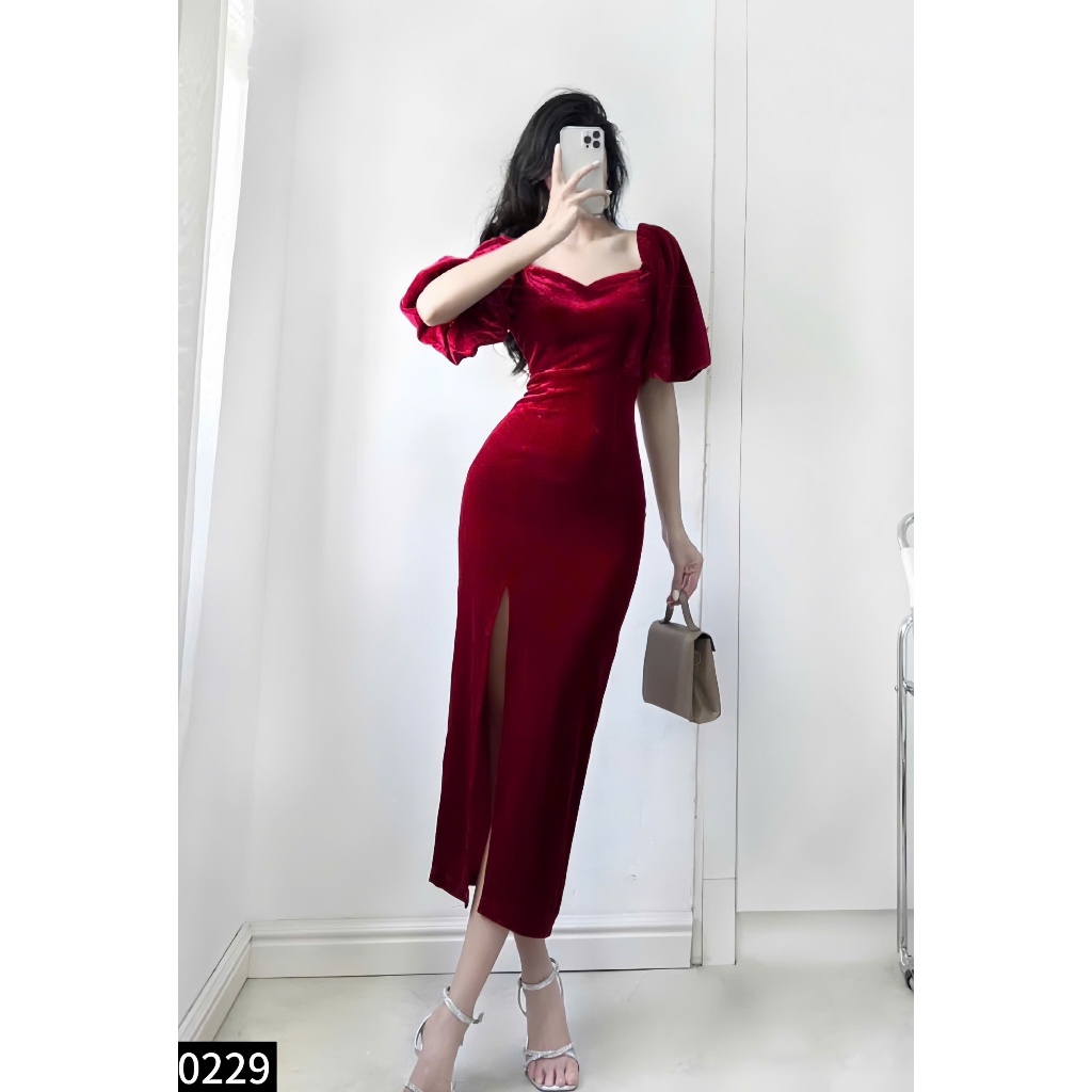 Đầm nhung xẻ trước bẹt vai tay bồng siêu chảnh A0229