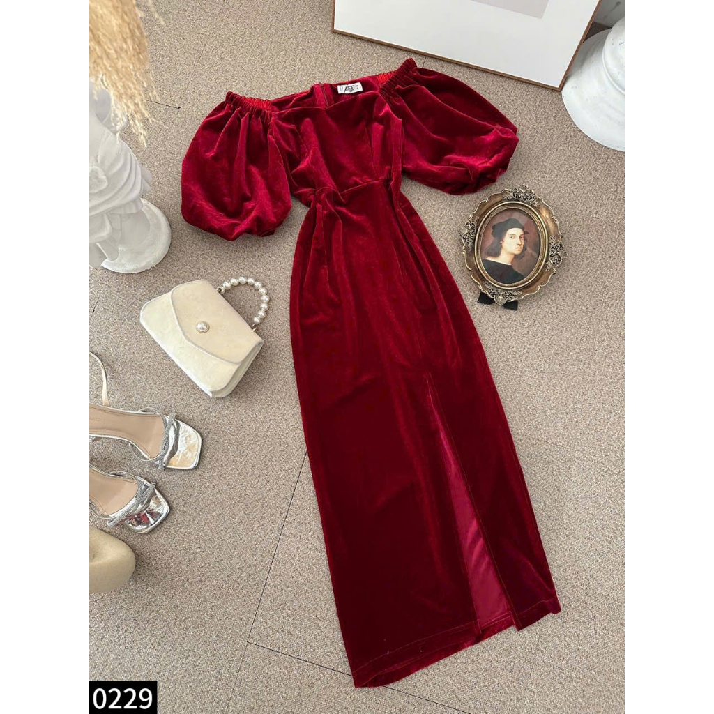 Đầm nhung xẻ trước bẹt vai tay bồng siêu chảnh A0229