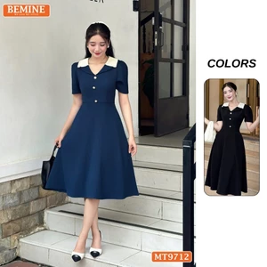 Đầm thiết kế BEMINE cổ kiểu dáng chữ A có nút phù hợp đi làm, đi dạo phố-MT9712