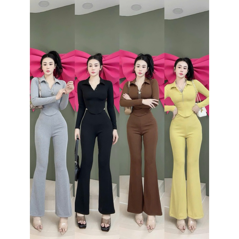 L988- sét bộ thun tăm lạnh, áo cổ trụ đính nút tay dài lai bầu, quần loe dáng dài (38-45kg)
