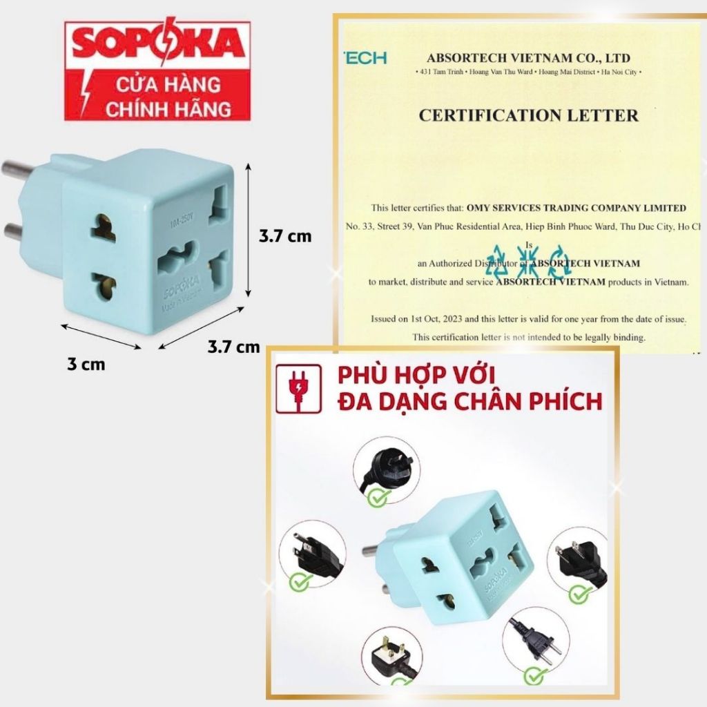 Ổ chia đa năng Sopoka x4 chính hãng lõi đồng chất liệu nhựa cao cấp chịu nhiệt chống cháy nổ