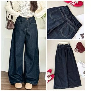 Quần Jean  Ống  Rộng Nữ ,  quần jeans trơn màu xanh đậm phối chỉ nổi cạp cao hack dáng